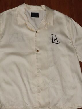 PacSun Cream Short-Sleeve Button-Up with LA Logo